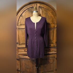 Nic and Zoe peplum sweater. Color is a deep eggplant plum.